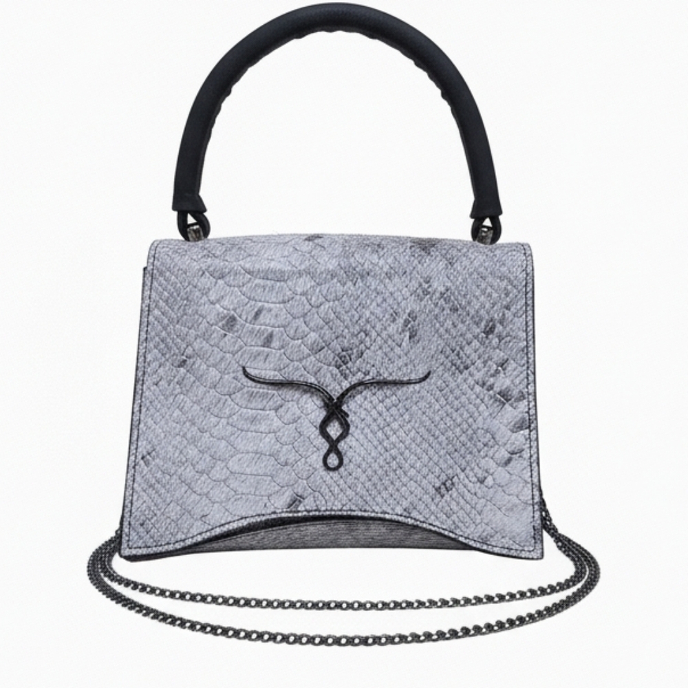 Gray Silver Western Snakeskin Crossover Top Handle Leather Bag